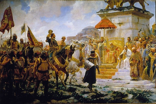 Andronicus II Palaeologus receives Roger de Flor and his "Catalan Army" in Constantinople, 1302, September, painted by Jose Moreno Carbonero (1858-1942) Palacio del Senado, Madrid